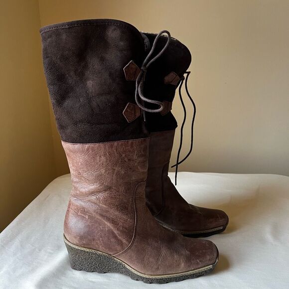 Eric Michael Two-Tone Leather Knee High Boots 39 Fur Lined Wedge Heel - Picture 10 of 10